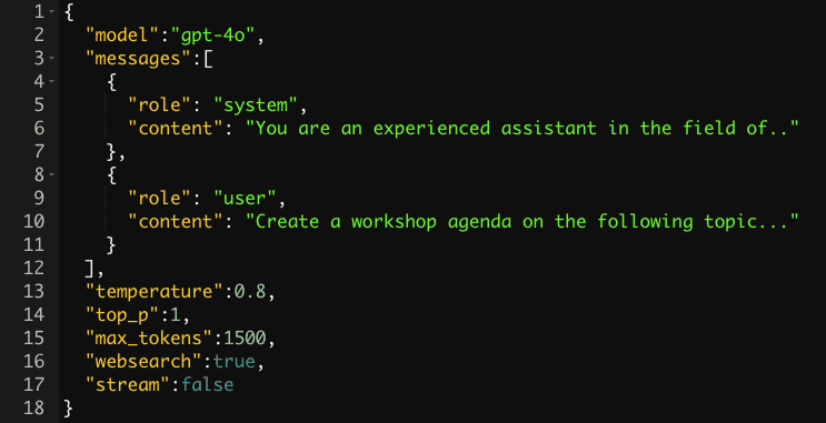 Screenshot of a JSON code block for interacting with an LLM model. The code specifies the model 'gpt-4o' and contains a message structure with a system message. Other parameters such as temperature, maximum number of tokens and web search are also specified.