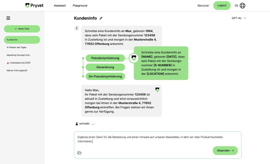 Screenshot des Assistants, Grüner Chatbildschirm mit Sprechblasen, schwarzem Text, weißem Hintergrund, grünen Buttons und Benutzerinterface-Elementen.