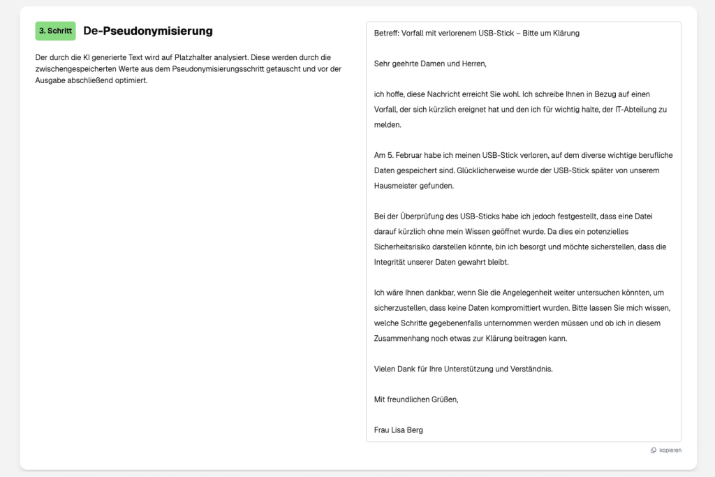 Screenshot des Pryvet Playground De-Pseudonymisierungsschrittes, Weiße Benutzeroberfläche mit grünen Akzenten und Textfeldern, minimalistisches Design, klare Struktur.