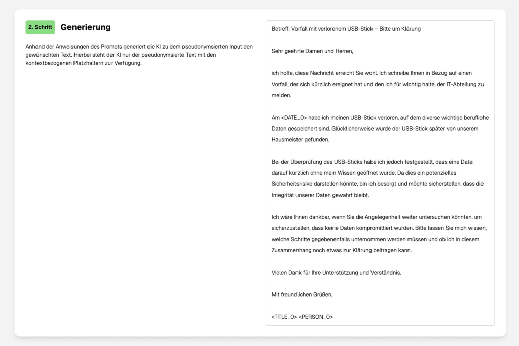 Screenshot des Pryvet Playground Generierungsschrittes, Weiße Benutzeroberfläche mit grünen Akzenten und Textfeldern, minimalistisches Design, klare Struktur.