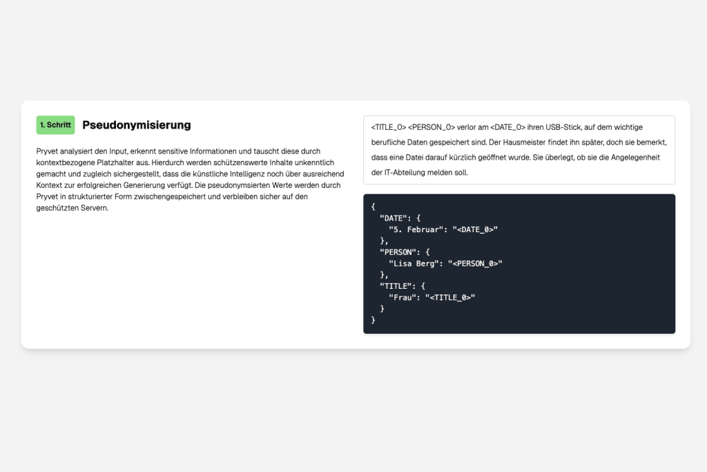 Screenshot des Pryvet Playground Pseudonymisierungsschrittes, Weiße Benutzeroberfläche mit grünen Akzenten, Textfeldern und Codeblöcken, minimalistisches Design, klare Struktur.