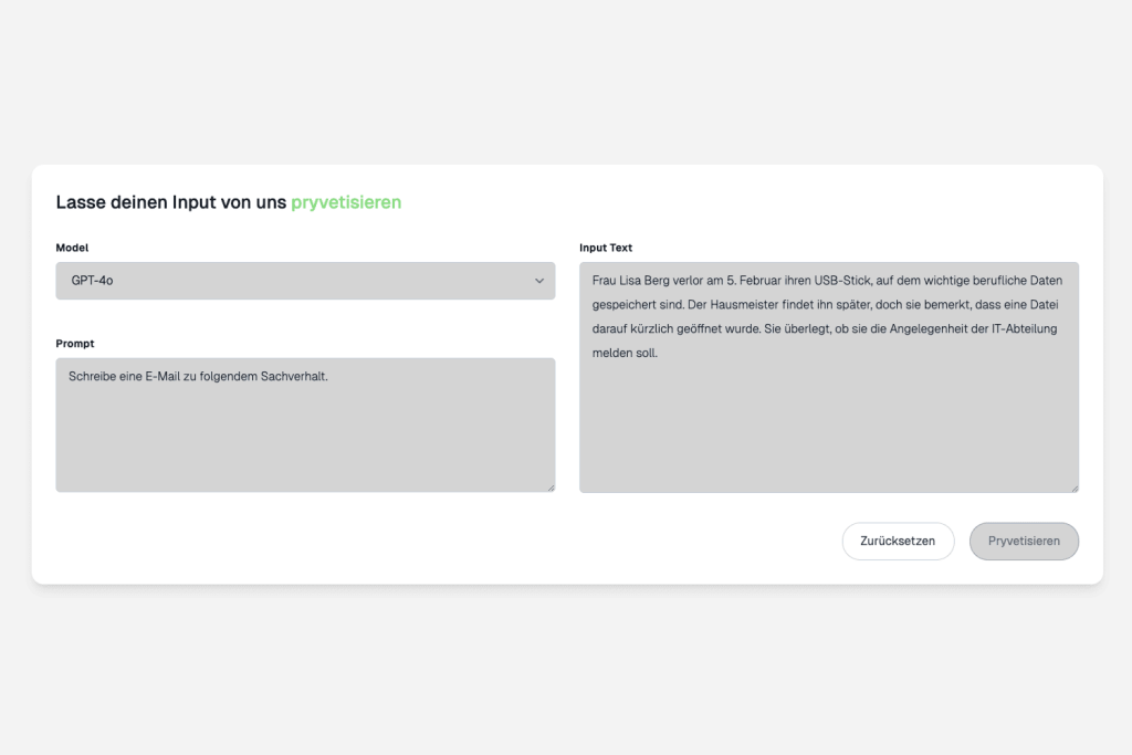 Screenshot der Pryvet Playground Input Maske, Weiße Benutzeroberfläche mit grünen Akzenten und Textfeldern und Codeblöcken, minimalistisches Design, klare Struktur.