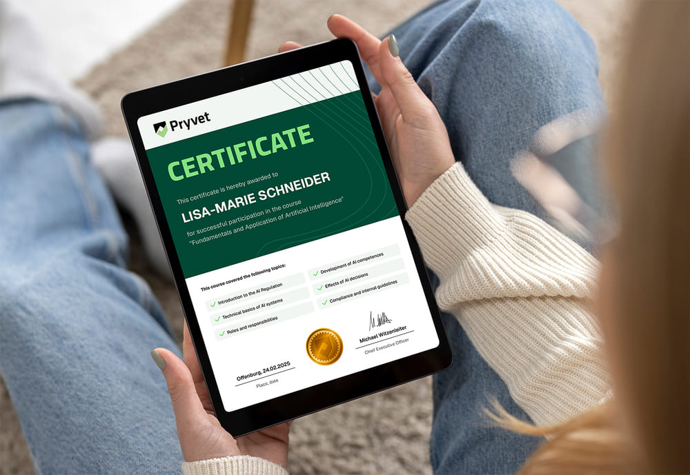Person holding tablet with green training certificate, gold seal and white background. Contains text and graphics in clear lines.