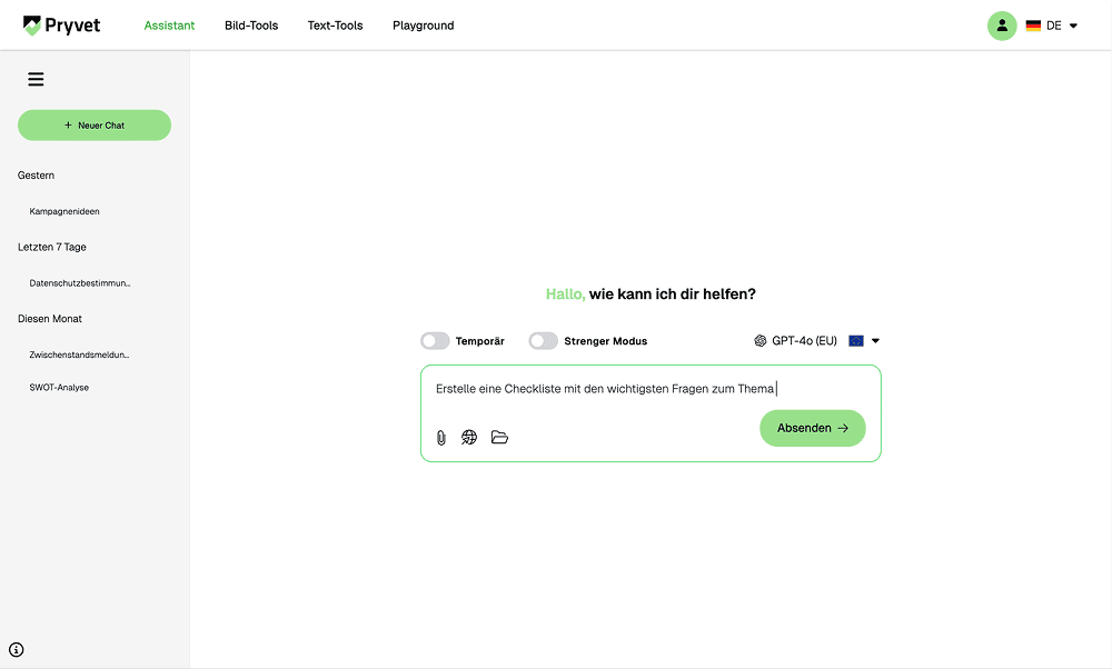 Screenshot des Assistants, Grüner Chatbildschirm, schwarzem Text, weißem Hintergrund, grünen Buttons und Benutzerinterface-Elementen.