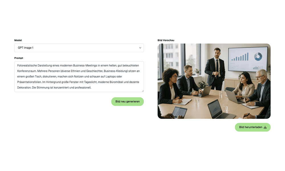 Screenshot der Image-Tools von Pryvet, mit weiß grüner Benutzeroberfläche. Links ein Textfeld für den Prompt und rechts dem daraus generierten Bild.
