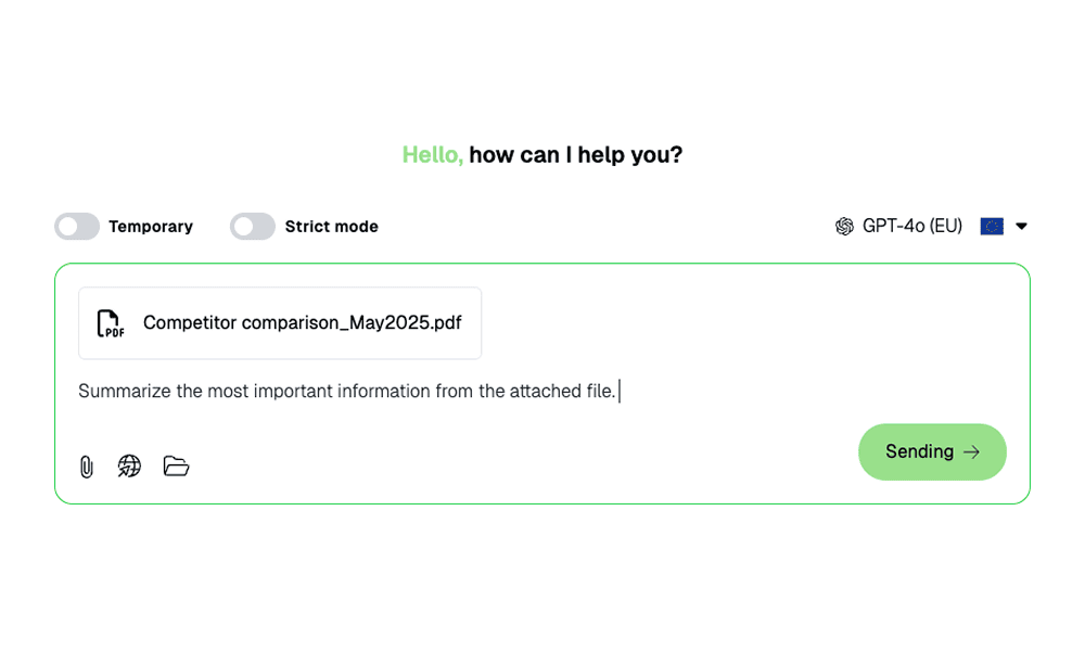 Screenshot to visualize the multi-modality. User interface of Pryvet with input field, green border, white background, and black icons.