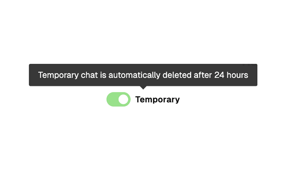 User interface element illustrating the temporary chat feature. An activated switch indicates that the temporary chat is enabled.