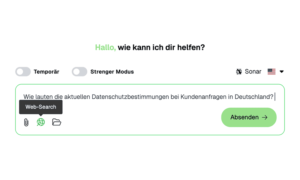 Screenshot der Pryvet Web-Search, Weiße Benutzeroberfläche mit grünen Akzenten und Textfeldern, minimalistisches Design, klare Struktur.