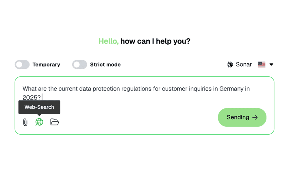 Screenshot of Pryvet Web Search with a white user interface, green accents, and text fields. Minimalist design with a clear, structured layout.